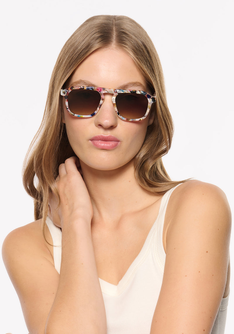 ZANDER | Gelato Handcrafted, luxury multicolored tortoise acetate large rectangular aviator KREWE sunglasses womens model | Model: Isa