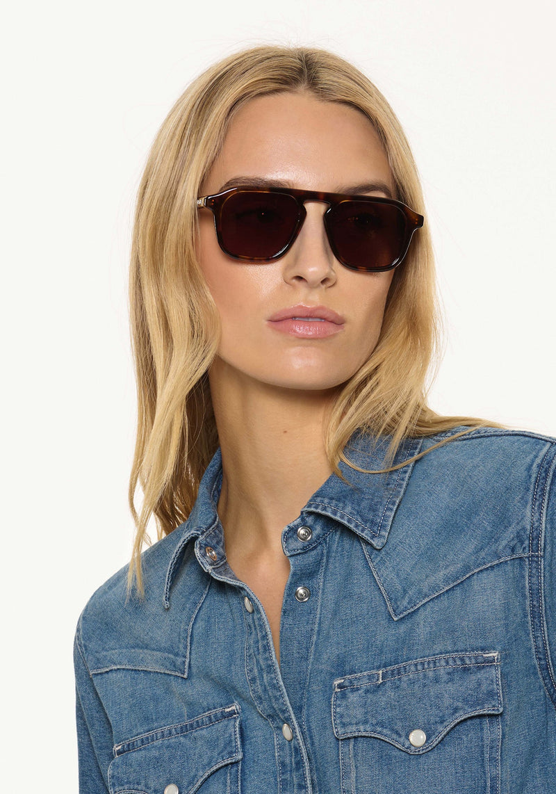 ZANDER | Havana Handcrafted, luxury dark brown tortoise acetate large rectangular aviator KREWE sunglasses womens model | Model: Isabelle