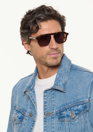 ZANDER | Havana Handcrafted, luxury dark brown tortoise acetate large rectangular aviator KREWE sunglasses mens model | Model: Ryan