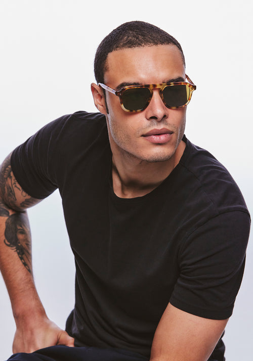 ZANDER | Hawksbill Handcrafted, luxury brown and tan tortoise acetate large rectangular aviator KREWE sunglasses mens model | Model: Jeffrey