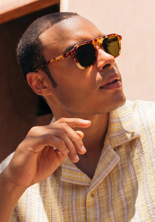 ZANDER | Hawksbill Handcrafted, luxury brown and tan tortoise acetate large rectangular aviator KREWE sunglasses mens model campaign | Model: Jeffrey