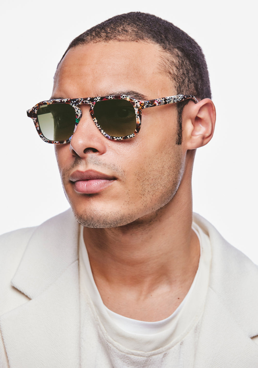 ZANDER | Poppy Noir Handcrafted, luxury speckled multicolored acetate large rectangular aviator KREWE sunglasses mens model | Model: Jeffrey