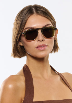 ZANDER | Verde Polarized Handcrafted, luxury green acetate large rectangular aviator polarized KREWE sunglasses womens model | Model: Michelle
