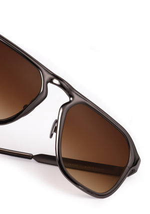ZANDER CHROMA | Gunmetal Chroma + Black Tea Handcrafted, luxury dark brown polished chrome stainless steel large square aviator KREWE sunglasses