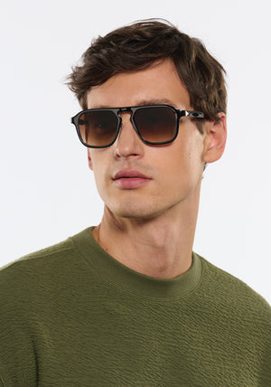 ZANDER CHROMA | Gunmetal Chroma + Black Tea Handcrafted, luxury dark brown polished chrome stainless steel large square aviator KREWE sunglasses mens model | Model: Jegor