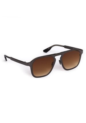 ZANDER CHROMA | Gunmetal Chroma + Black Tea Handcrafted, luxury dark brown polished chrome stainless steel large square aviator KREWE sunglasses