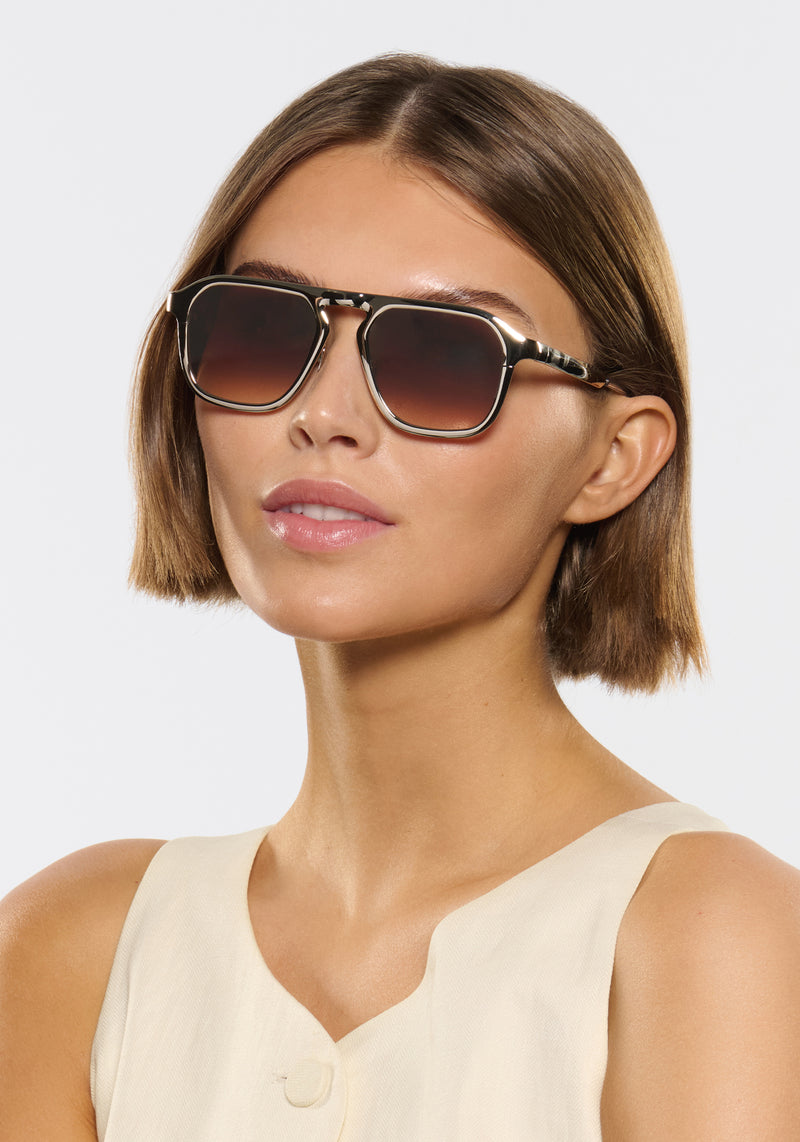 ZANDER CHROMA | Silver Chroma + Crystal Handcrafted, luxury silver polished chrome stainless steel large square aviator KREWE sunglasses womens model | Model: Michelle