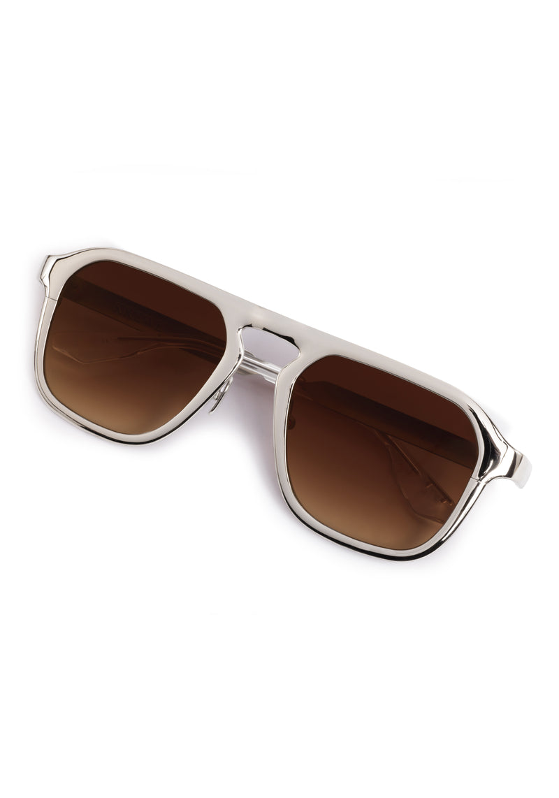 ZANDER CHROMA | Silver Chroma + Crystal Handcrafted, luxury silver polished chrome stainless steel large square aviator KREWE sunglasses 