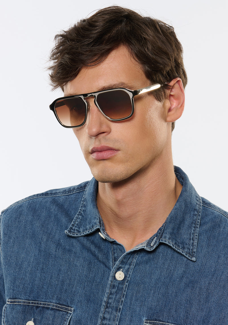 ZANDER CHROMA | Silver Chroma + Crystal Handcrafted, luxury silver polished chrome stainless steel large square aviator KREWE sunglasses mens model | Model: Jegor 