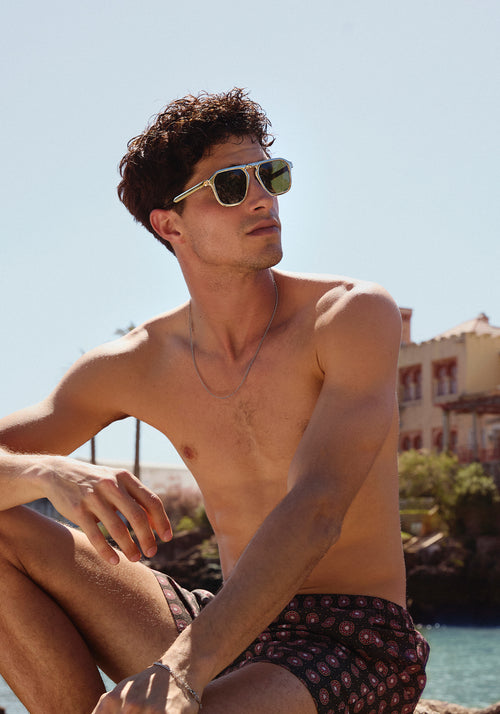 ZANDER CHROMA | Silver Chroma + Crystal Handcrafted, luxury silver polished chrome stainless steel large square aviator KREWE sunglasses mens model | Model: Mateo 