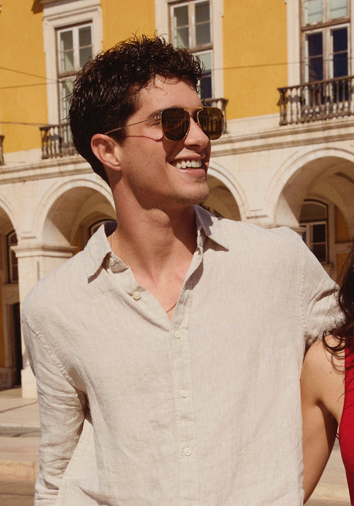 ZANDER FOLD | 18K + Crystal Polarized Handcrafted, luxury stainless steel large folding square aviator KREWE sunglasses mens model | Model: Mateo
