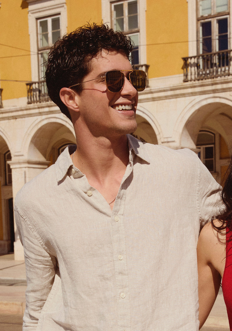 ZANDER FOLD | 18K + Crystal Polarized Handcrafted, luxury stainless steel large folding square aviator KREWE sunglasses mens model | Model: Mateo
