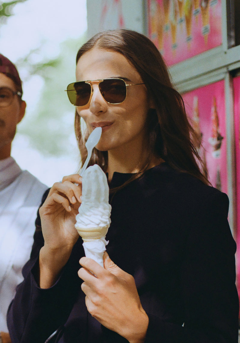 ZANDER FOLD | 18K + Crystal Polarized Handcrafted, luxury stainless steel large folding square aviator KREWE sunglasses womens model | Model: Sam