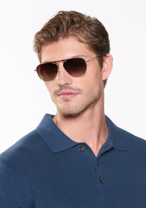 ZANDER FOLD | 18K Matte Black Fade + Blonde Venezia Handcrafted, luxury stainless steel large folding square aviator KREWE sunglasses mens model | Model: Linus

