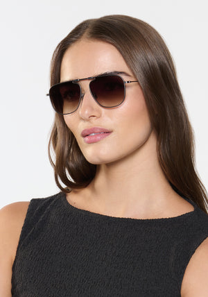 ZANDER FOLD | Matte Raw Stainless Steel + Nightfall Handcrafted, luxury stainless steel large folding square aviator KREWE sunglasses womens model | Model: Sam
