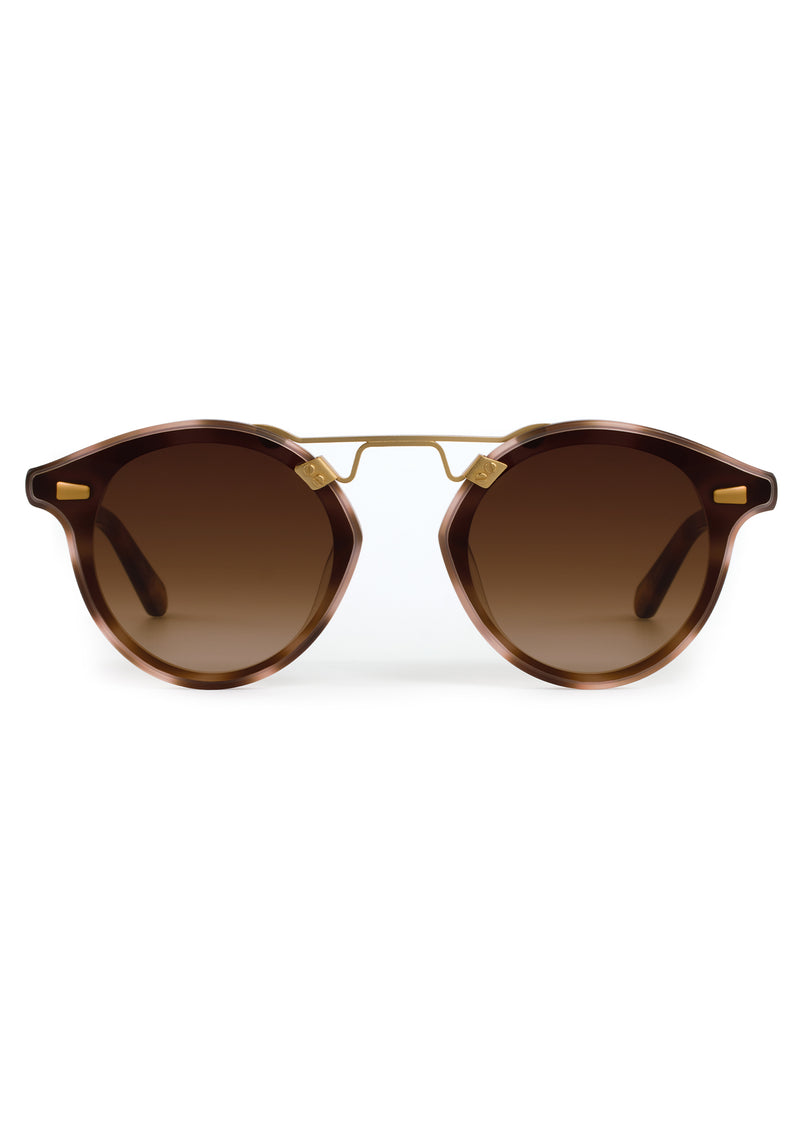 STL NYLON | Matte Blush Tort 18K Handcrafted, luxury pink and brown tortoise acetate round KREWE sunglasses with flat edge to edge nylon lens and 18k gold metal bridge