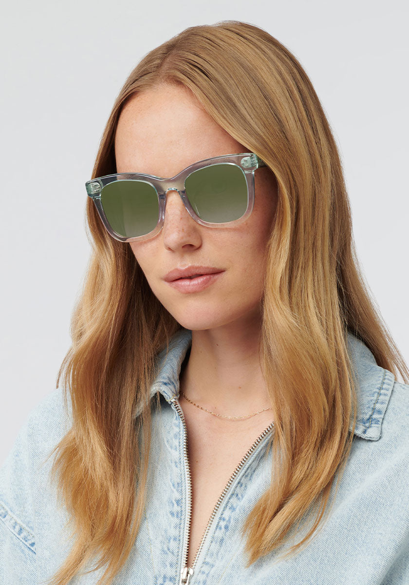 ADELE | Lagoon Mirrored Handcrafted, Luxury Blue Acetate KREWE Sunglasses womens model | Model: Annelot