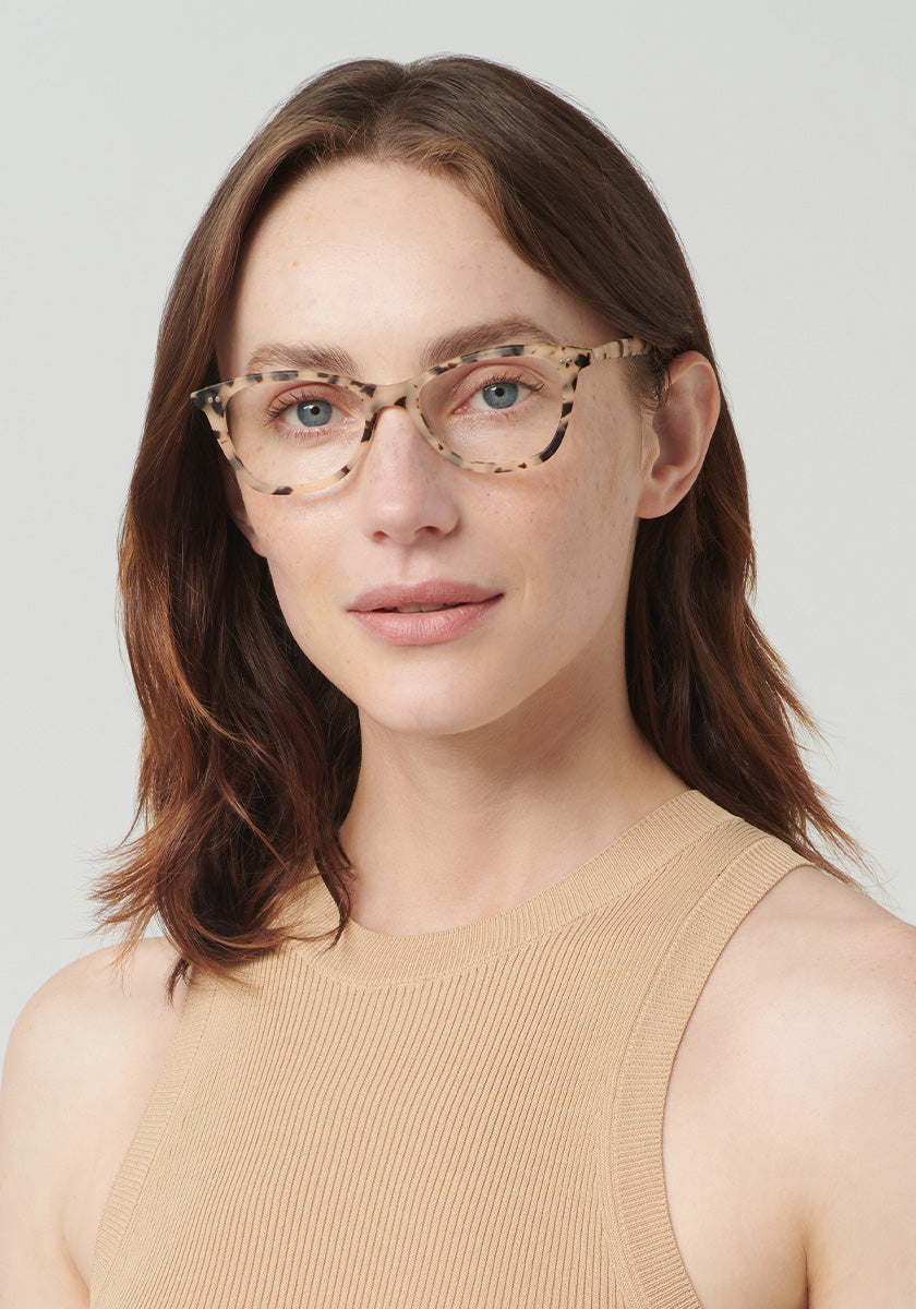 AMELIA | Matte Oyster Handcrafted, luxury tortoise acetate KREWE glasses womens model | Model: Vanessa