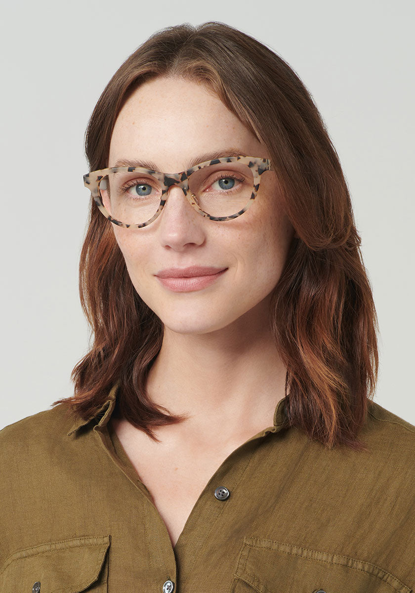 KREWE ANNETTE | Matte Oyster + Crystal Handcrafted, Luxury Tortoise Acetate Glasses womens model | Model: Vanessa