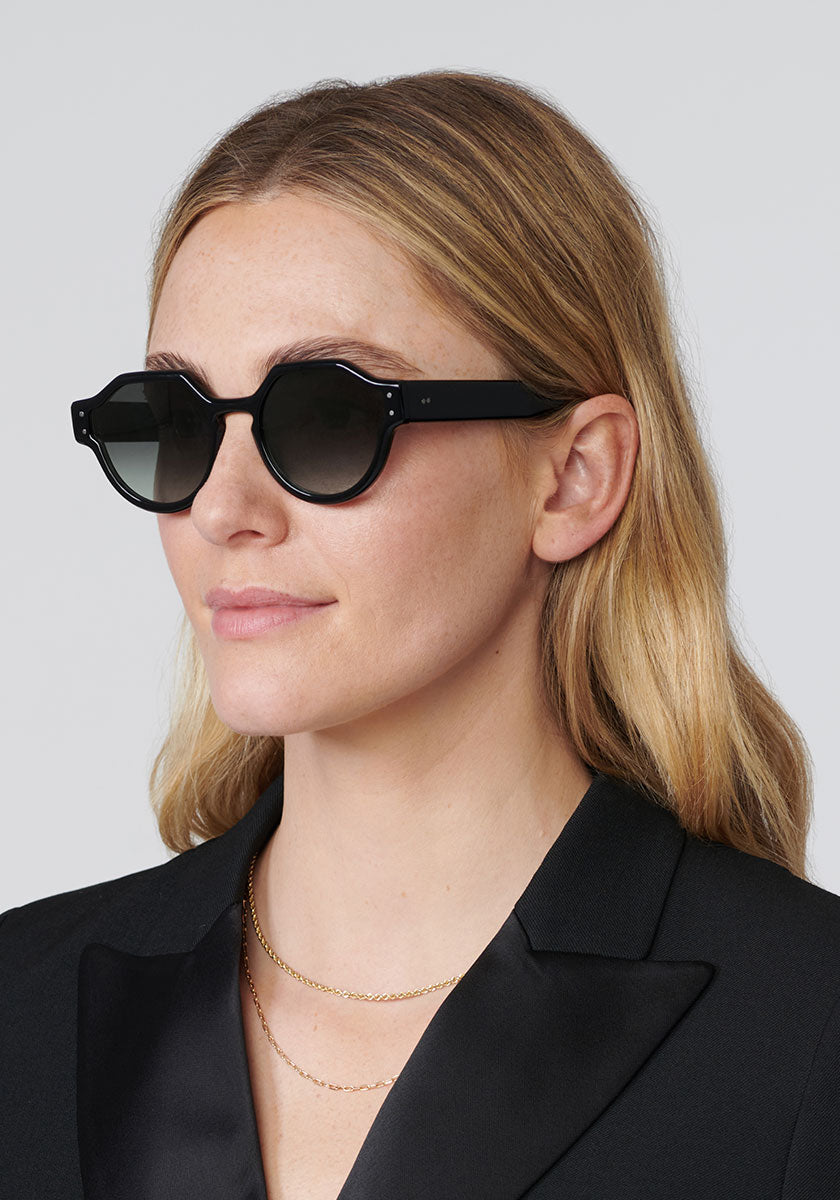 ASTOR | Black + Shadow Handcrafted, luxury black acetate KREWE sunglasses womens model | Model: Brooke