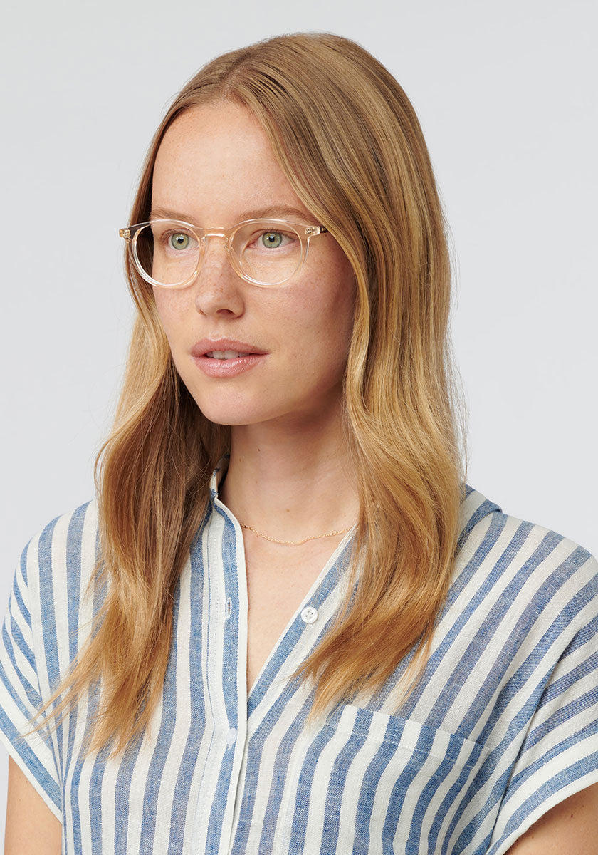 KREWE BAXTER | Haze + Rye Handcrafted, luxury yellow tinted acetate eyeglasses womens model | Model: Annelot