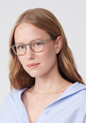 KREWE BAXTER | Root + Shale Handcrafted, luxury blue and brown acetate eyeglasses womens model | Model: Annelot