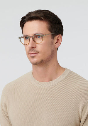 KREWE BAXTER | Root + Shale Handcrafted, luxury blue and brown acetate eyeglasses mens model | Model: Tom