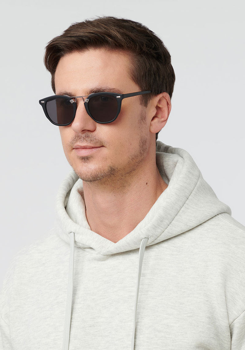 BEAU | Matte Black Polarized Handcrafted, luxury matte black acetate KREWE sunglasses mens model | Model: Tom