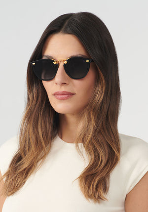 KREWE BEAU NYLON | Black + Shadow 24K Polarized Handcrafted, Black Acetate Luxury Sunglasses womens model | Model: Olga