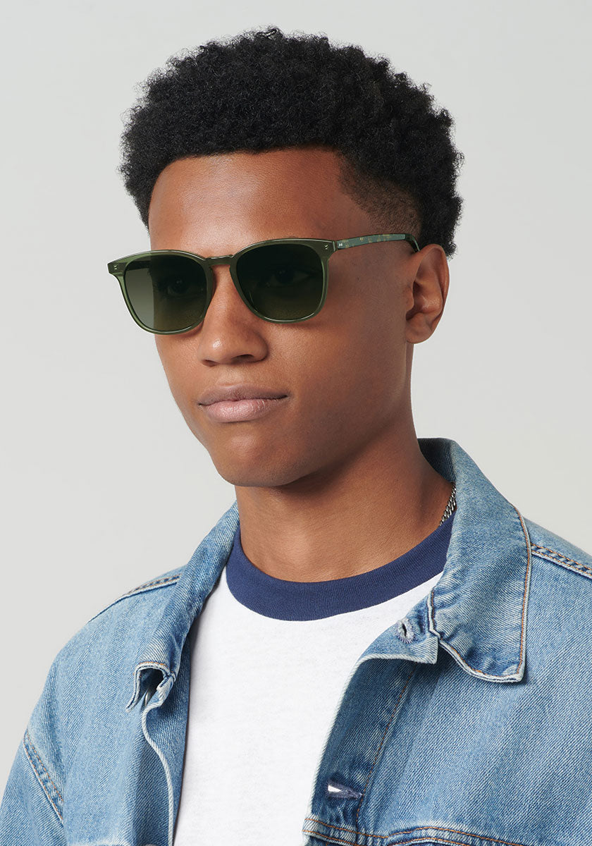 BLAKE | Bottle Green + Zulu Polarized Handcrafted, luxury green acetate KREWE sunglasses mens model | Model: Brandon