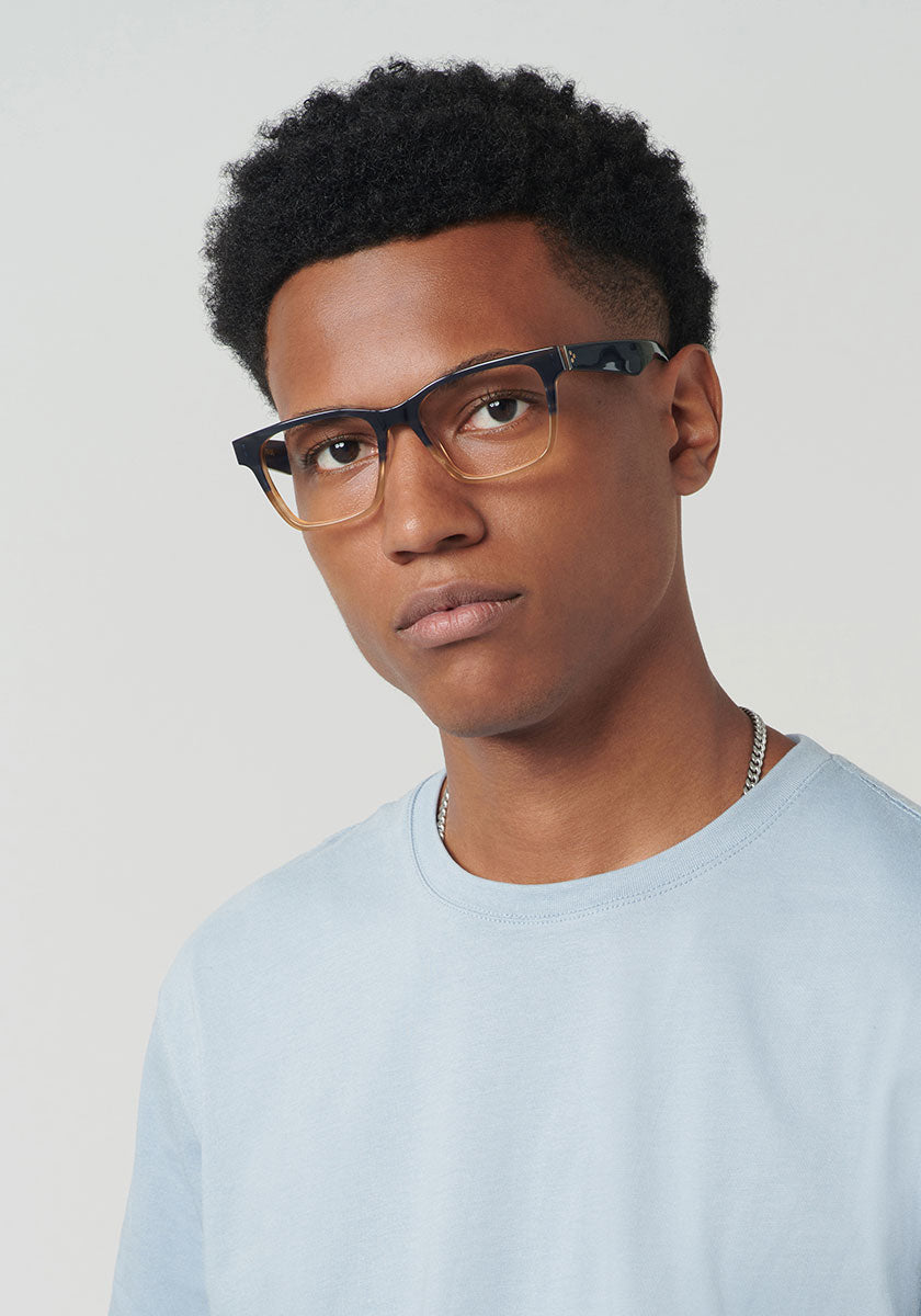 KREWE BOOKER | Comet + Twilight Handcrafted, Luxury Navy and Yellow Acetate Glasses mens model | Model: Brandon