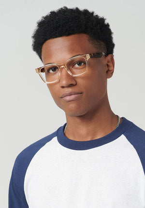 KREWE BOOKER | Haze + Rye Handcrafted, Clear Acetate Glasses with Tortoise Temples mens model | Model: Brandon