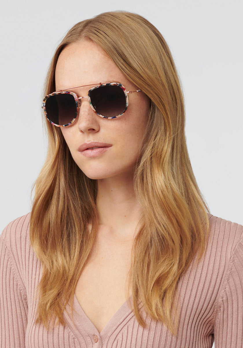 BRETON | Capri Rose Gold Handcrafted, Luxury pink and orange acetate KREWE aviator sunglasses womens model | Model: Annelot