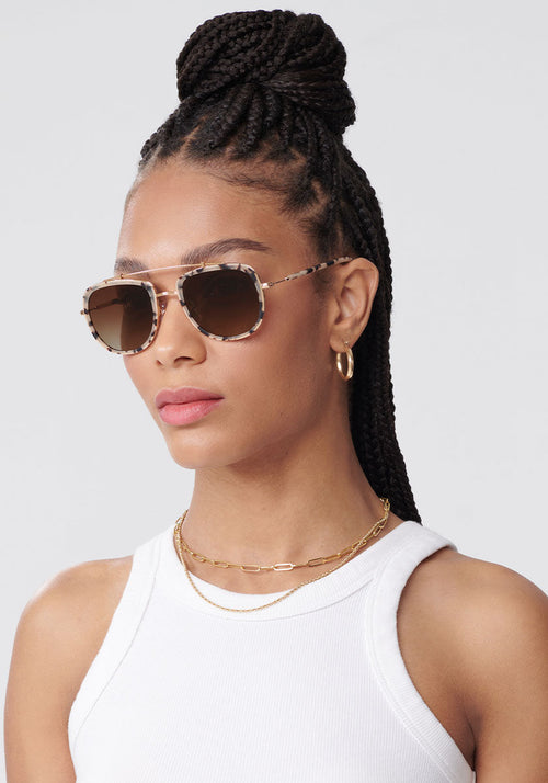 BRETON | Matte Oyster 24K Polarized Handcrafted, luxury tortoise acetate KREWE aviator  sunglasses womens model | Model: Dido