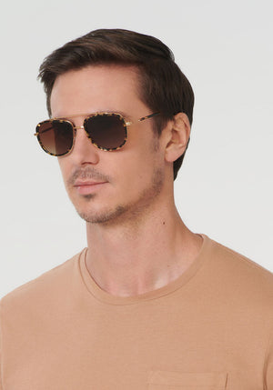 BRETON | Zulu 24K Polarized Handcrafted, luxury brown tortoise acetate KREWE aviator sunglasses mens model | Model: Tom