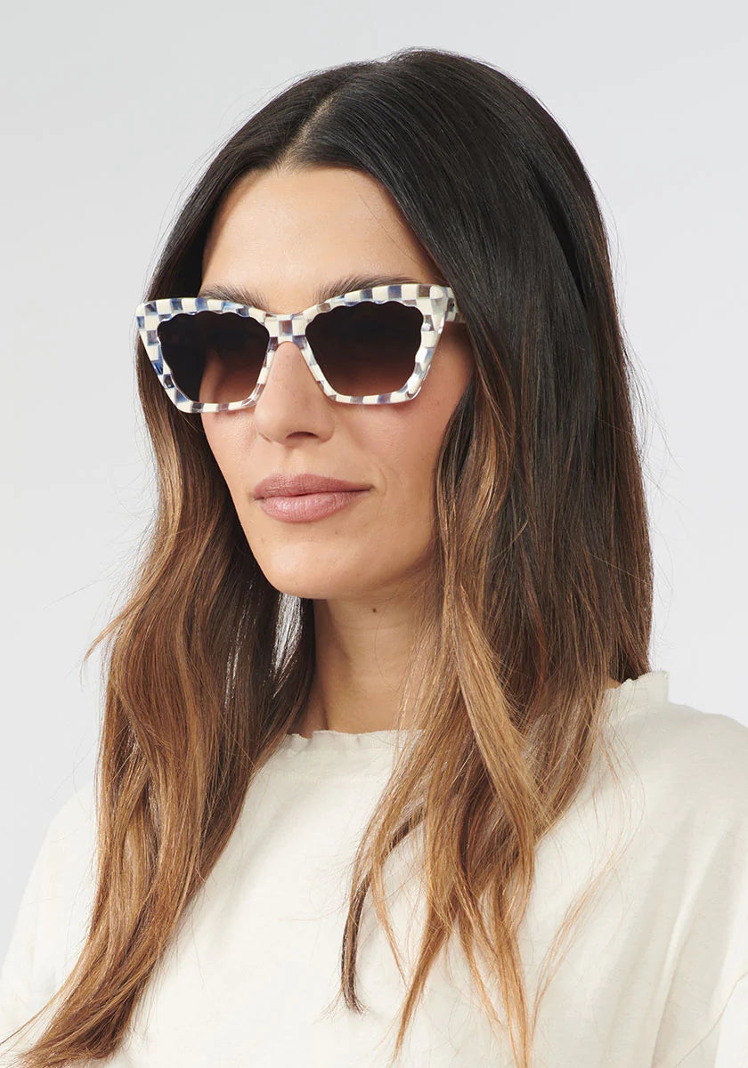 BRIGITTE | Gingham Handcrafted, Blue and White Checkered Acetate KREWE Sunglasses womens model | Model: Olga