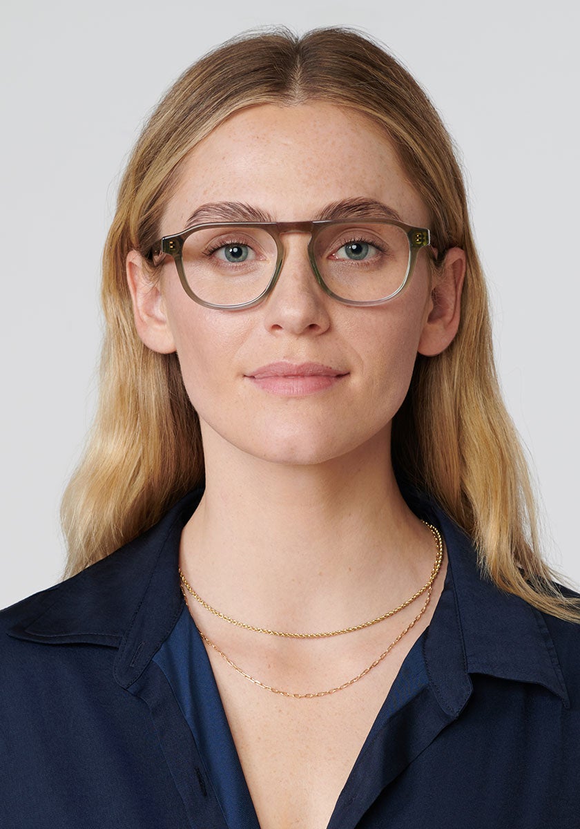 KREWE CALVIN | Matcha Handcrafted, luxury blue and green acetate eyeglasses womens model | Model: Brooke