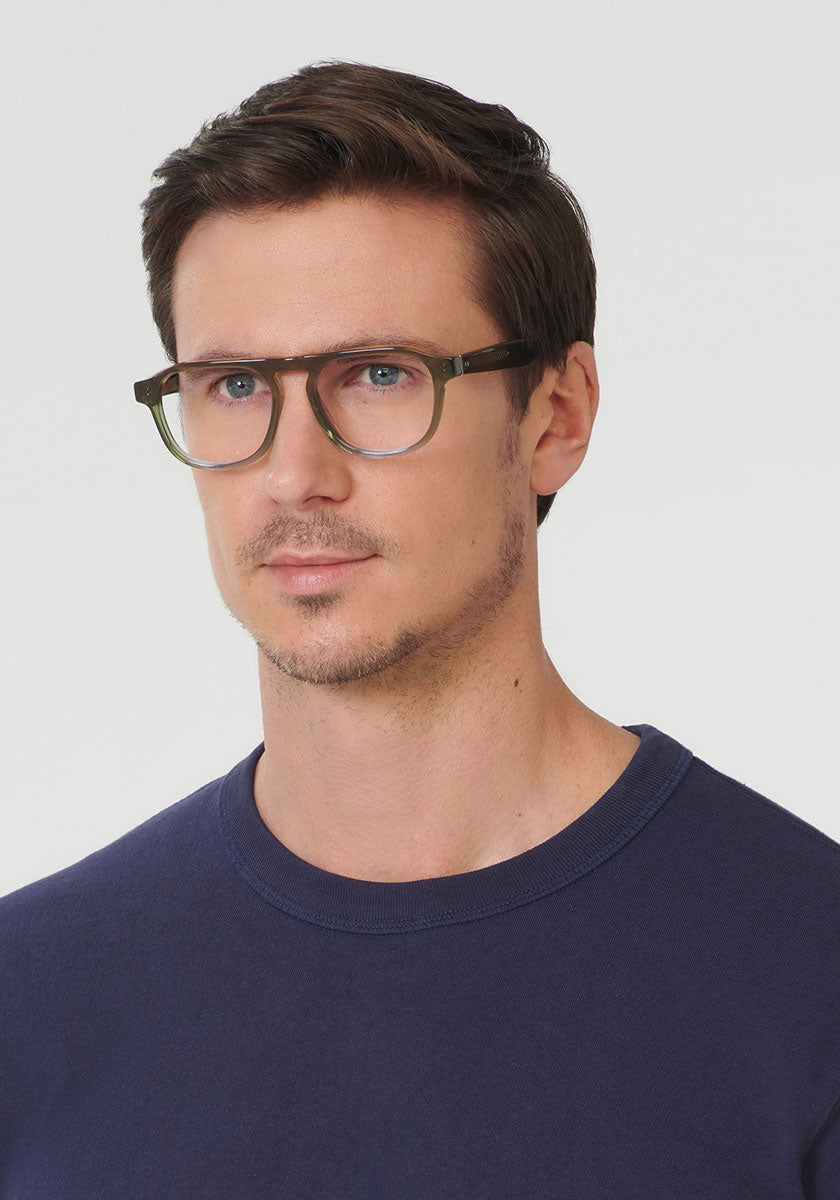 KREWE CALVIN | Matcha Handcrafted, luxury blue and green acetate eyeglasses mens model | Model: Tom
