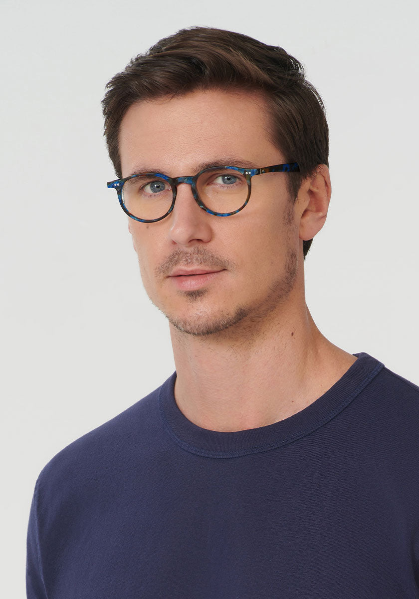 KREWE CARSON | Matte Blue Steel Handcrafted, Luxury Blue Tortoise Shell Acetate Eyeglasses mens model | Model: Tom