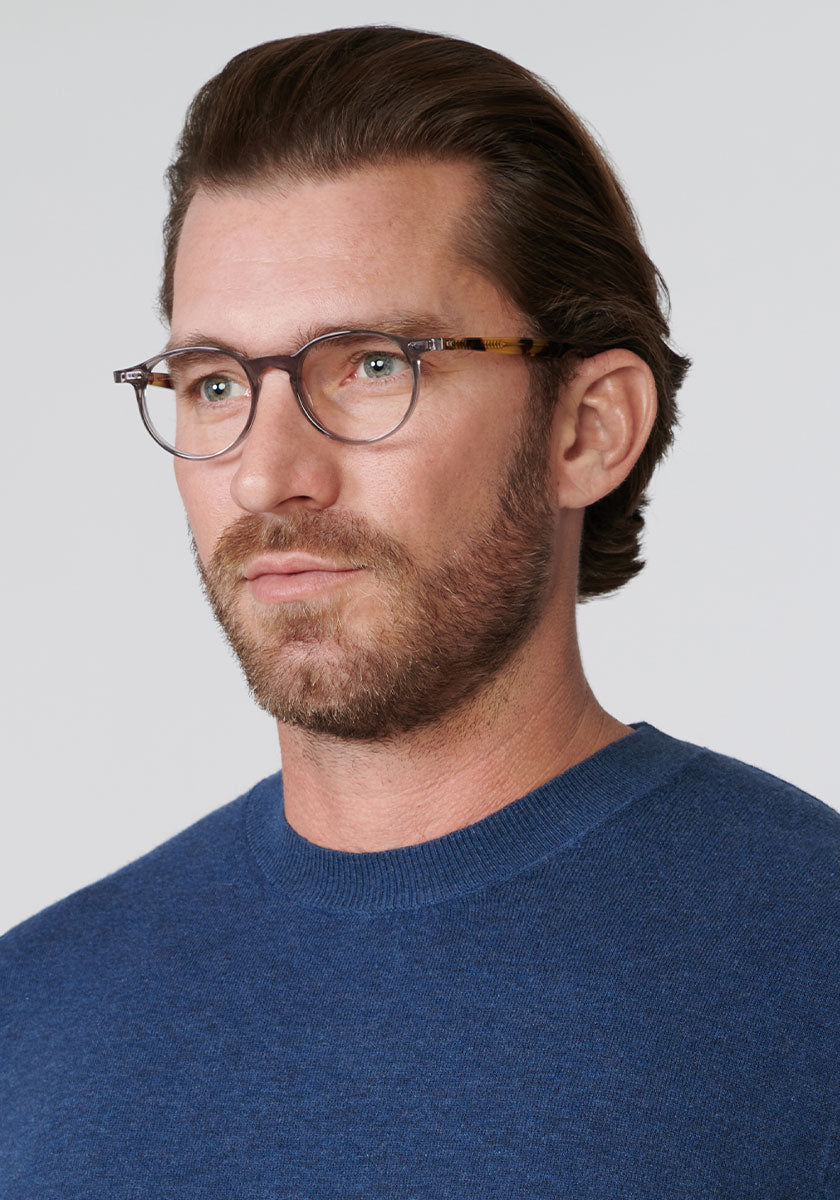 KREWE CARSON II | Ash + Chai Handcrafted, luxury grey acetate eyeglasses mens model | Model: Zach