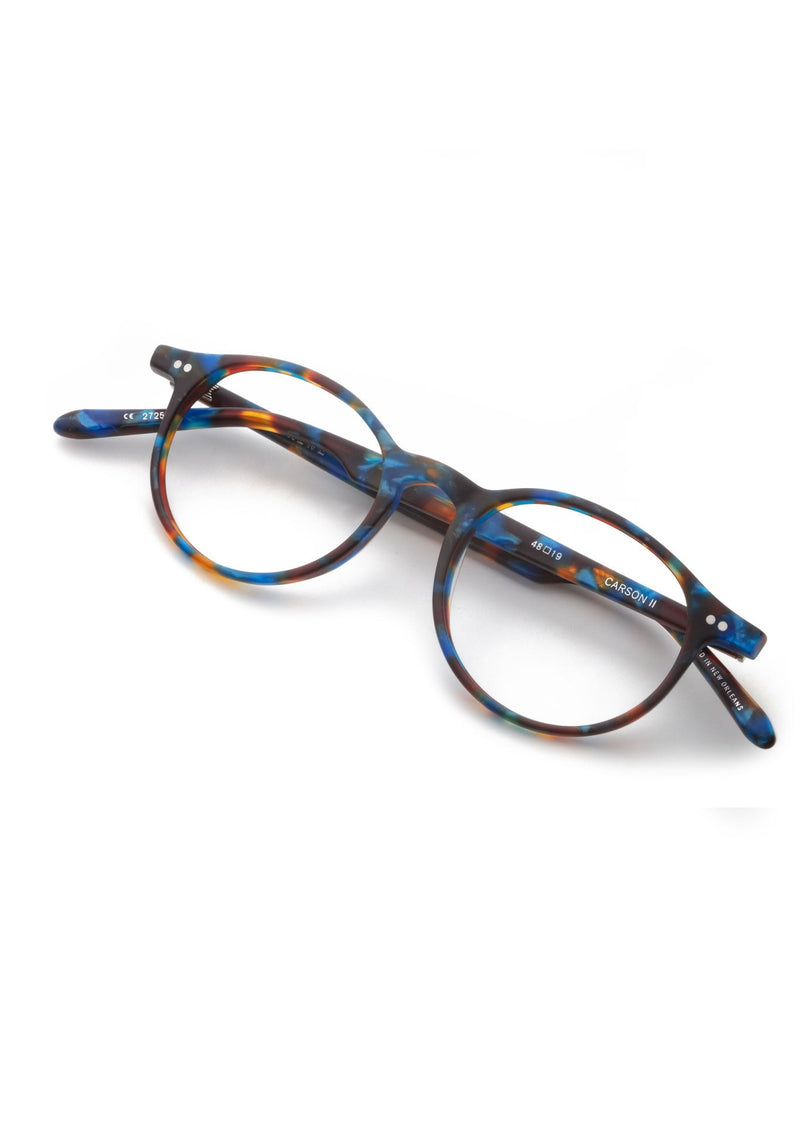 CARSON II | Matte Blue Steel Handcrafted, luxury blue tortoise round KREWE eyeglasses