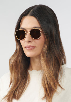 KREWE - Designer Single Bar Aviator Sunglasses - CHARTRES | Caffe Dolce 18K Handcrafted, luxury brown and white checkered acetate sunglasses. Similar to Oliver Peoples sunglasses, moscot sunglasses womens model | Model: Olga
