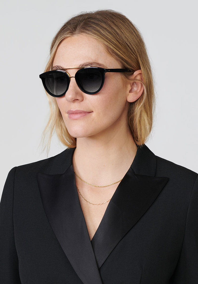 CLIO NYLON | Black + Shadow Handcrafted, luxury black acetate KREWE oversized sunglasses womens model | Model: Brooke