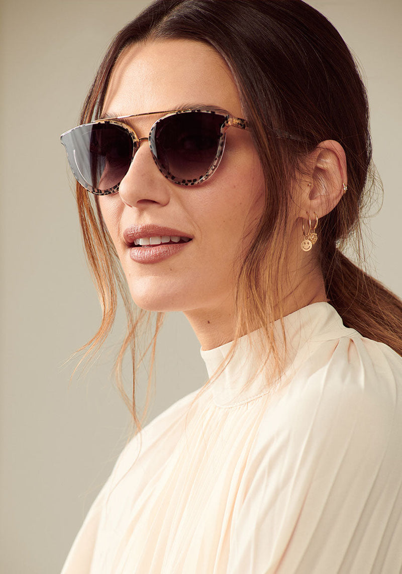 KREWE CLIO NYLON | Palermo + Petal 18K Handcrafted, Black and White Acetate Luxury Sunglasses womens model campaign | Model: Olga