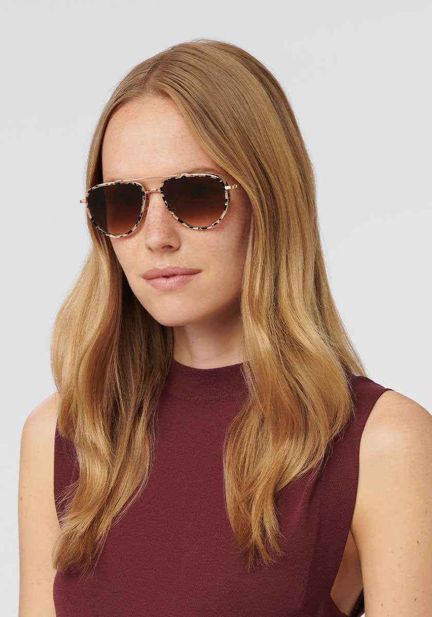 COLEMAN | 24K + Crema Handcrafted, luxury brown acetate KREWE aviator sunglasses womens model | Model: Annelot
