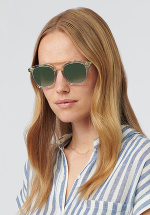 COLISEUM | Lagoon 24K Mirrored Handcrafted, luxury blue acetate KREWE sunglasses womens model | Model: Annelot