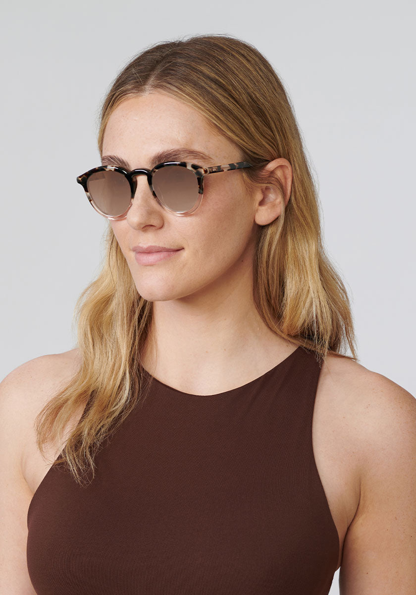 COLLINS | Malt to Petal Mirror Polarized Handcrafted, luxury tortoise acetate KREWE sunglasses womens model | Model: Brooke