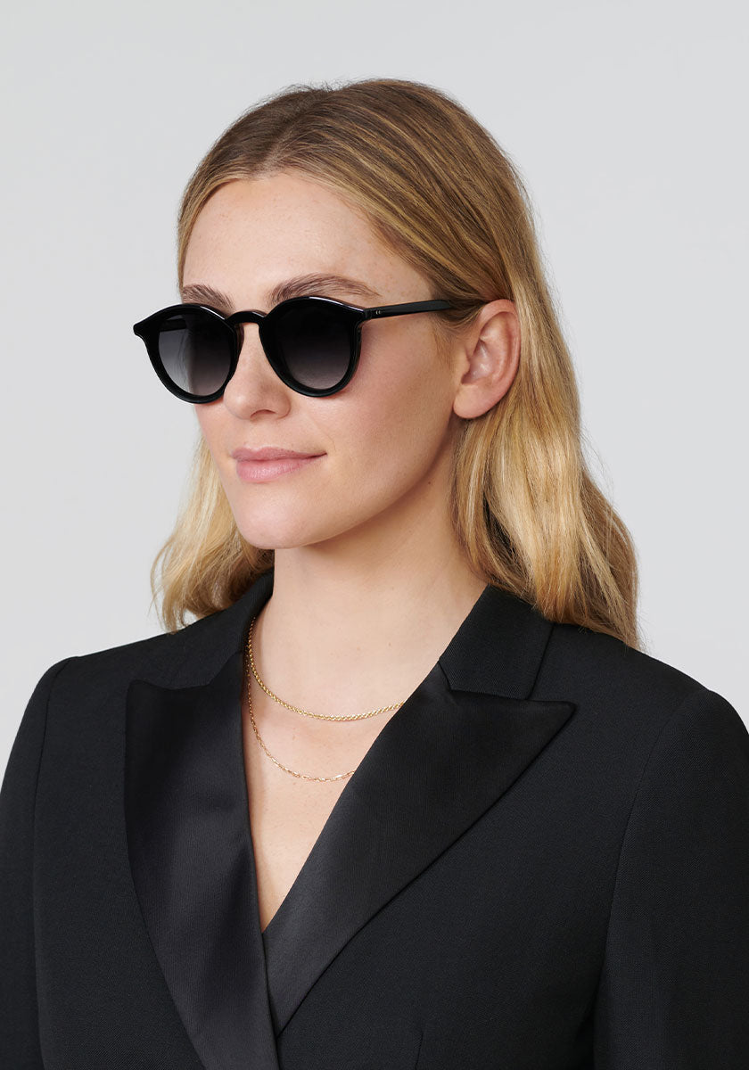 COLLINS NYLON | Black + Black and Crystal handcrafted, luxury black acetate KREWE round sunglasses womens model | Model: Brooke