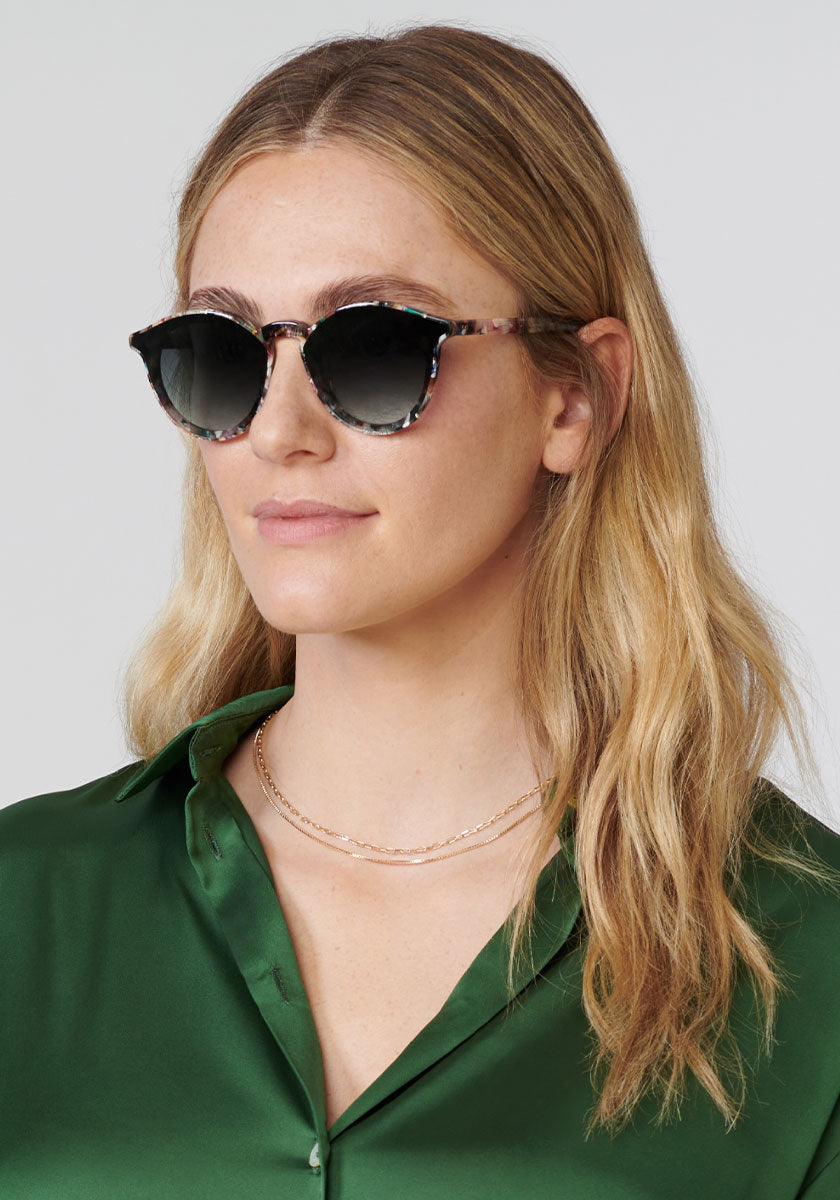 COLLINS NYLON | Capri Handcrafted, luxury colorful acetate KREWE round sunglasses womens model | Model: Brooke