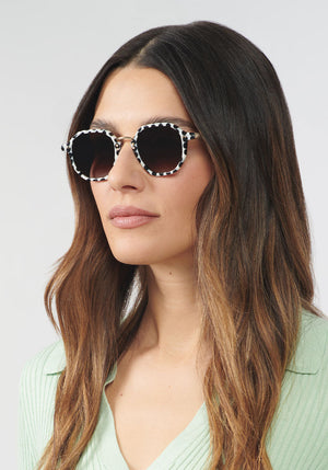 DAKOTA | Domino + Crystal 12K, luxury black and white acetate KREWE sunglasses womens model | Model: Olga